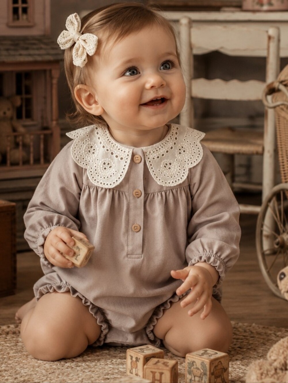cupcakes & cashmere Cream and Taupe Baby Romper Eyelet Lace Peter Pan Collar